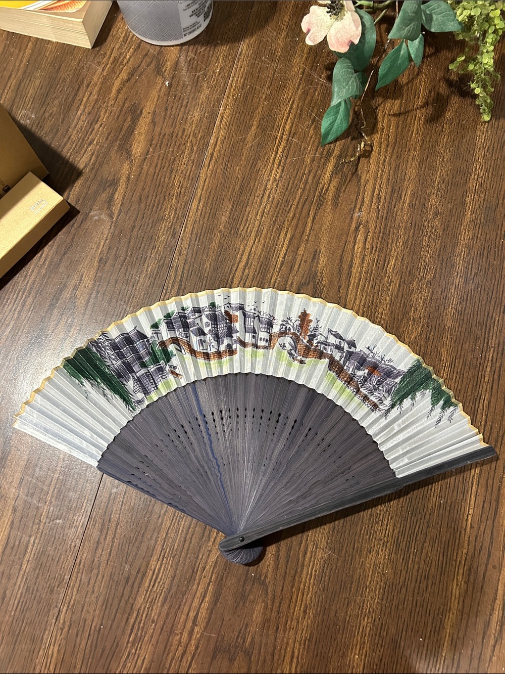Handheld Folding Fan with Scenic Print - White & Dark Blue